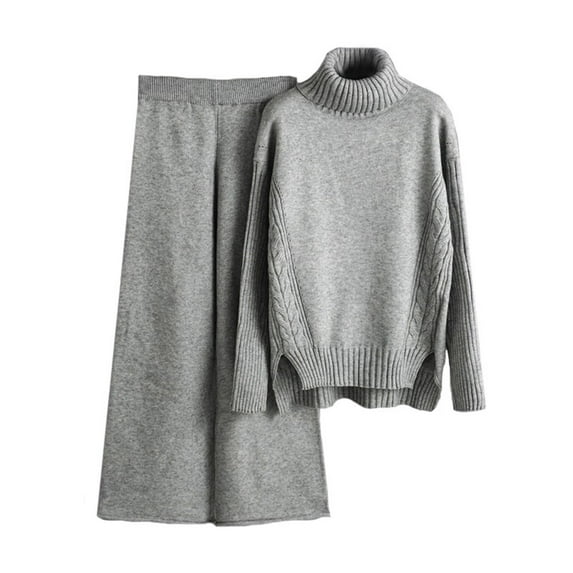 2 Piece Knit Sets for Women Dressy Casual Turtleneck Sweater and Wide Leg Trouser Loose Knitwear Outfits Casual (One Size, Gray)
