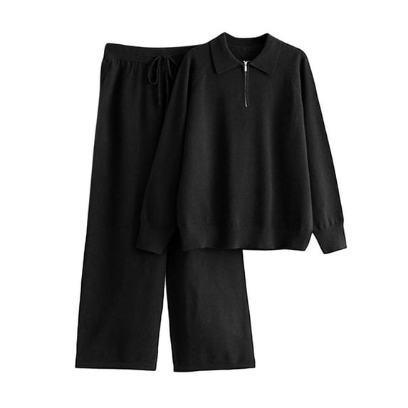 2 Piece Knitted Set For Women 1/4 Zipper Lapel Sweatshirts Ealstic Waist Drawstring Pants Casual Loose Sweater Suit (Free Size, Black)