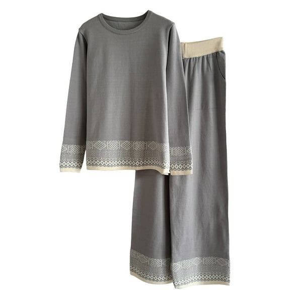 2 Piece Knitted Set For Women Crew Neck Pullover Wide Leg Elastic Waist Pants Lace Patchwork Casual Loose Knit Suit (Free Size, Gray)