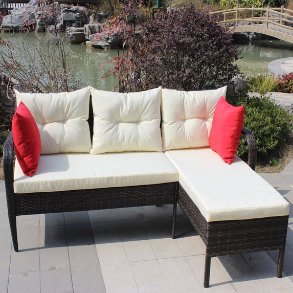 Rhomtree 2-Piece L-Shaped Outdoor Wicker Sectional Sofa Set with Seat & Back Cushions, White