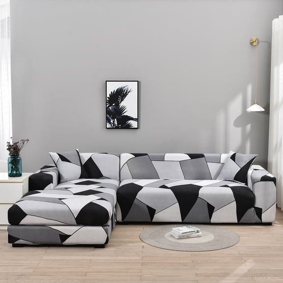 2 Piece L Shaped Sectional Couch Covers, Slipcovers for Sectional Sofa with 2pcs Pillowcases High Stretch Furniture Protector Covers, (Black White Gray,3 Seater+3 Seater)
