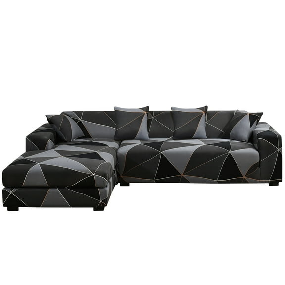 2 Piece L Shaped Sectional Couch Covers, Slipcovers for Sectional Sofa with 2pcs Pillowcases High Stretch Furniture Protector Covers, (Black geometry,3 Seater+3 Seater)
