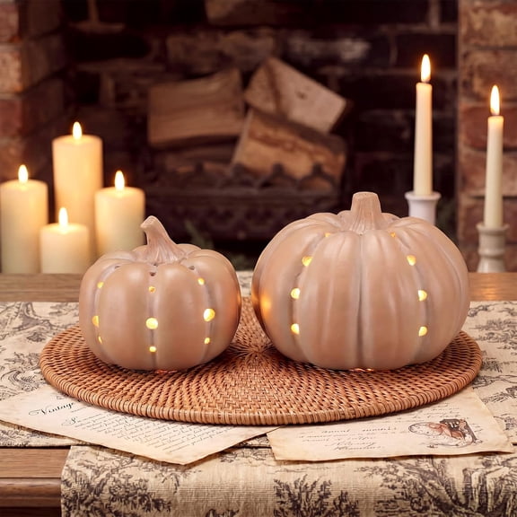 2-Piece LED Lighted Resin Pumpkin Lantern Set - Neutral Beige Glowing Fall Harvest Tabletop Centerpiece - Rustic Autumn Fireplace Mantel Decor for Thanksgiving & Cozy Seasonal Home Decoration