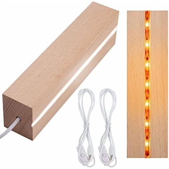 2-Piece LED Lights Display Stand - Wooden Base for DIY Acrylic Plate, Resin, Glass, Crystal Art - Warm/White Light - Square