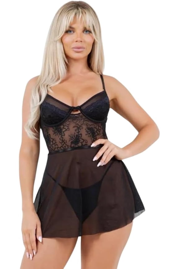 2 Piece Lace Babydoll Set Underwire Cups Adjustable Straps Black