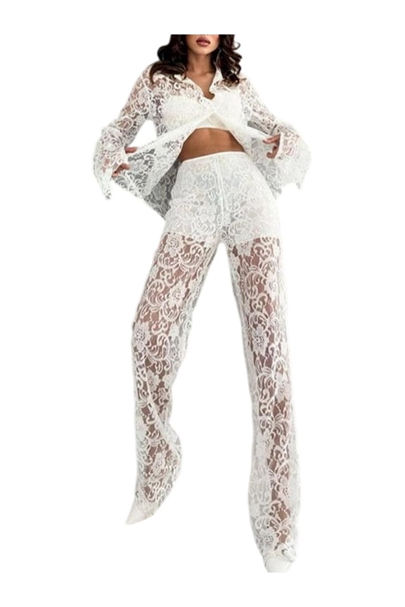 2 Piece Lace Outfits for Women Floral Sheer Tie Frone Long Sleeve Crop Top and Pants Outfit White M