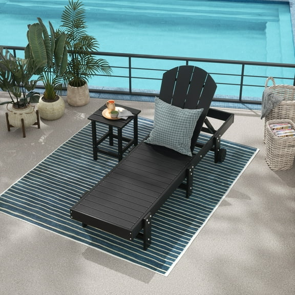 2 Piece Laguna Adirondack Poly Reclining Chaise Lounge With Wheels, Black