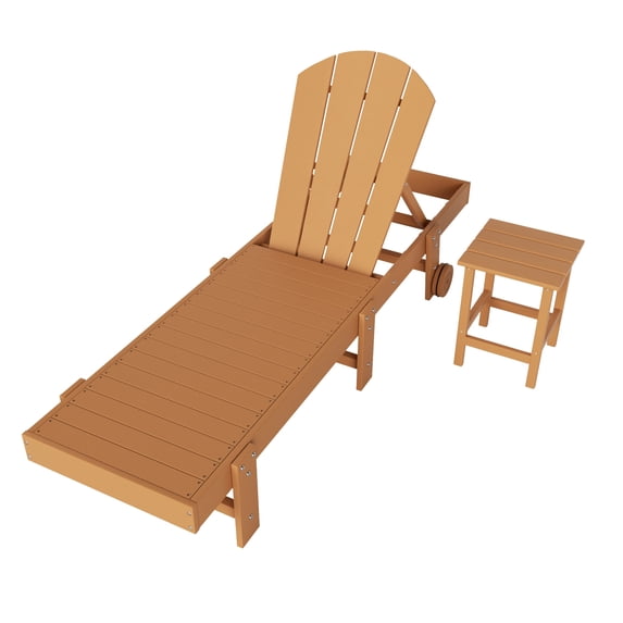 2 Piece Laguna Adirondack Poly Reclining Chaise Lounge With Wheels, Teak