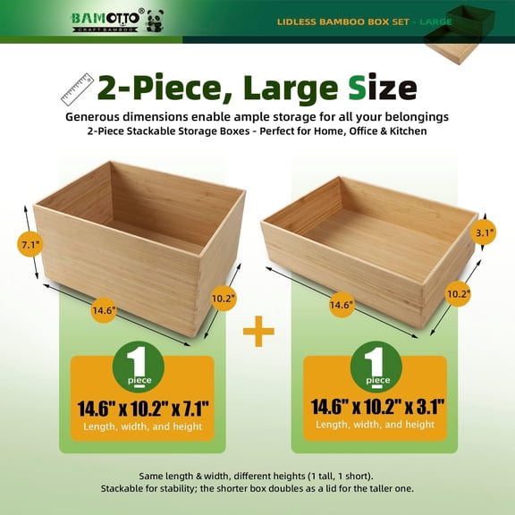 2-Piece Large Bamboo Storage Box Set - 7.1in High Stackable Deep-Drawer Organizer, Lidless Bin for Kitchen Cutlery Utensils, Home & Office (14.6"x10.2"x7.1"+14.6"x10.2"x3.1")