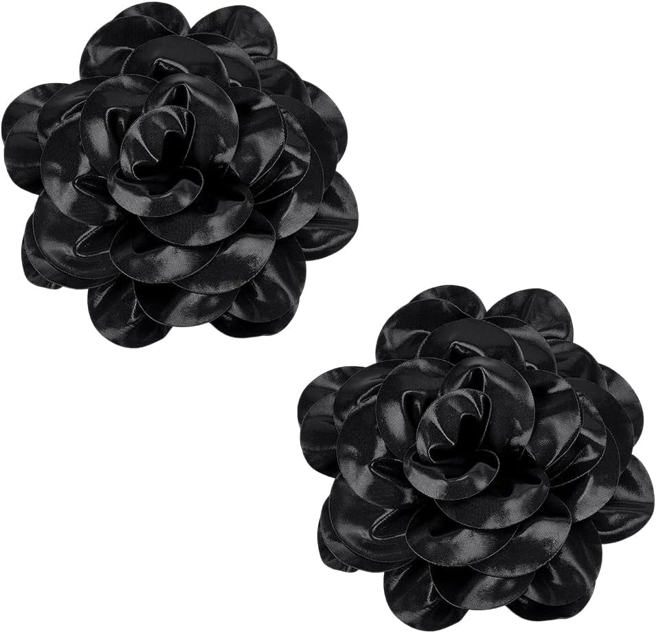 2-Piece Large Black Fabric Flower Brooches 7-Inch Satin Rose Lapel Pins for Women Evening Dresses Scarves