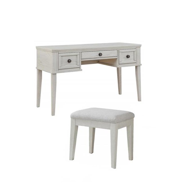 2 Piece Lea 3 Gliding Drawers Crisp White Wood Vanity Desk & Stool Set