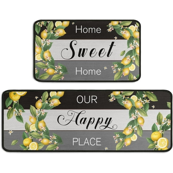 2 Piece Lemon Kitchen Decor Rug Set, Home Kitchen Sink Rugs and Mats Non Skid Washable Absorbent Microfiber Kitchen Floor Carpet 17" x 47"+17" x 30"