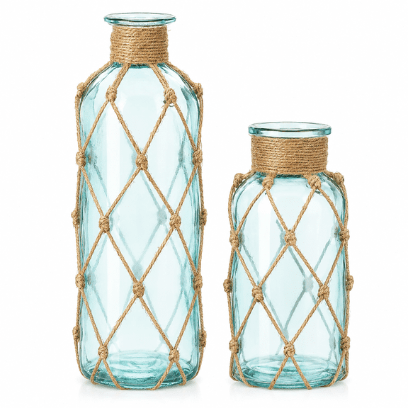 2-Piece Light Blue Coastal Glass Vase Set with Boho Rope, Sea Glass Bottles for Flowers, Wedding Centerpieces, Beach Home Decor and Gifts