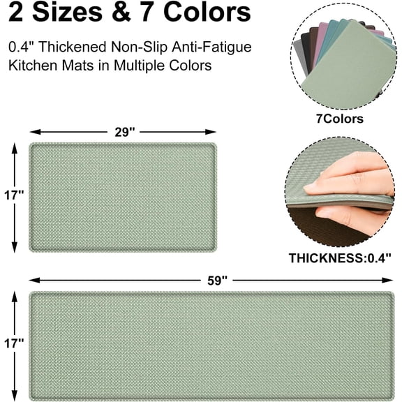 2-Piece Light Green Kitchen Mat Set - 17"x29"+17"x59" Anti-Fatigue Cushioned Washable Non-Slip Standing Rug for Kitchen Floor