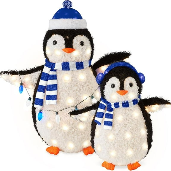 2-Piece Lighted Penguin Family, 3ft Pop-Up Outdoor Christmas Holiday Decoration w/ 150 LED Lights, Multicolored Lights - Blue
