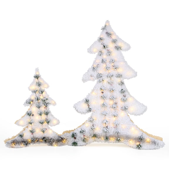 2-Piece Lighted Snow-Flocked Christmas Tree Decor Bundle  Outdoor/Indoor All-Weather LED Yard Trees (2 Sizes)  No Extra Lights Needed