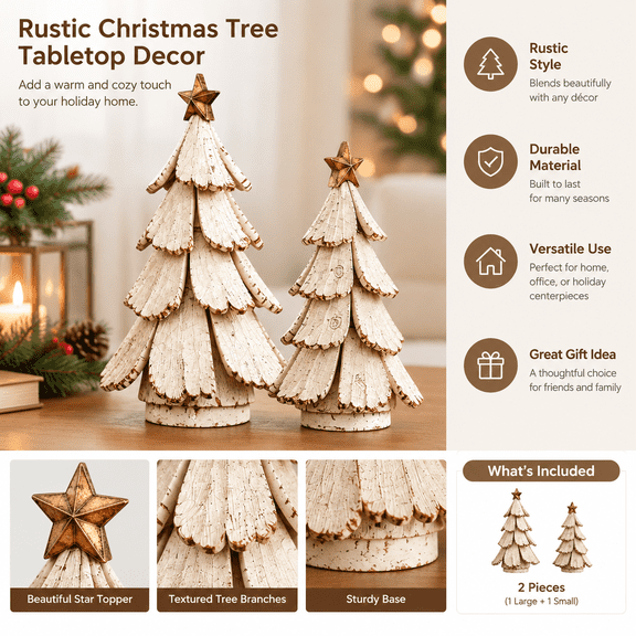 2 Piece Lighted Wooden Christmas Tree Set Whitewashed Layered Wood Slice Tabletop Decor with Star Topper Warm LED Farmhouse Holiday Centerpiece for Mantel Shelf Window