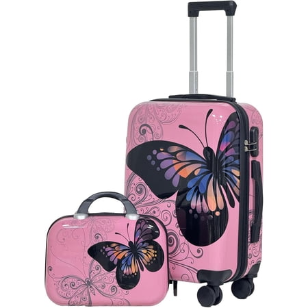 2 Piece Lightweight Suitcase Set with Double Spinner Wheels (14" & 20") Pink Butterfly Design