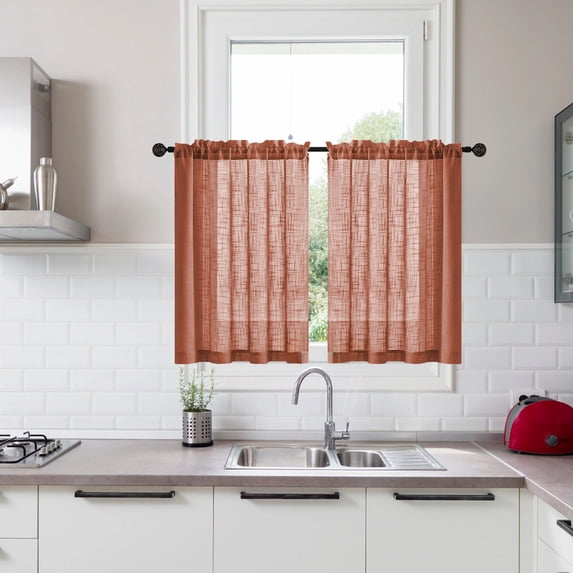 2 Piece Linen Kitchen Curtain Set Semi Sheer Short Window Valance Vintage Style Light Filtering Curtains for Bathroom Bedroom Doorway Small Window Home Decoration