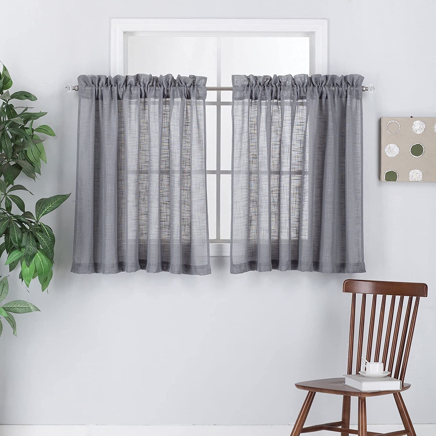 2 Piece Linen Look Semi Sheer Rod Pocket Tier Curtains for Kitchen/Café or Any Small Window (36" Long, Charcoal)