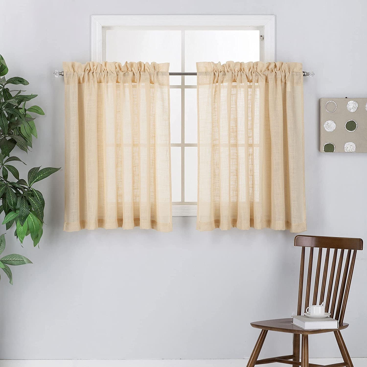 2 Piece Linen Look Semi Sheer Rod Pocket Tier Curtains for Kitchen/Café or Any Small Window (36" Long, Gold)