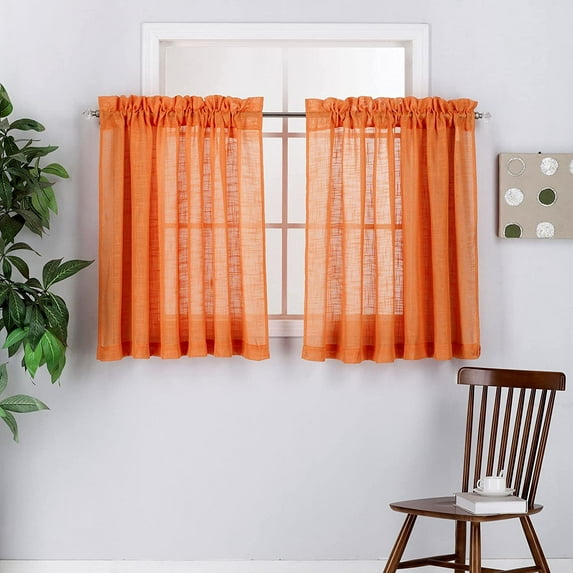 2 Piece Linen Look Semi Sheer Rod Pocket Tier Curtains for Kitchen/Café or Any Small Window (36" Long, Orange)