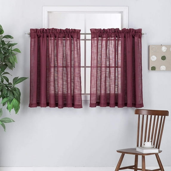 2 Piece Linen Look Semi Sheer Rod Pocket Tier Curtains for Kitchen/Café or Any Small Window (36" Long, Wine)