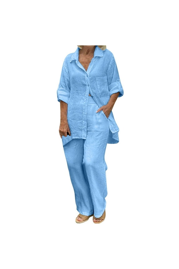 2 Piece Linen Outfits for Women ,Summer Cotton Linen Sets Ladies Two Piece Button Down Shirts and Pants Set Casual Comfy Loungewear Sets Loose Tracksuit Sets with Pockets