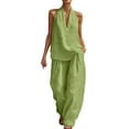 thumbnail image 1 of 2 Piece Linen Outfits for Women Dressy Casual Vacation Halter V Neck Sleeveless Top and Wide Leg Pant Sets (L, Green), 1 of 8