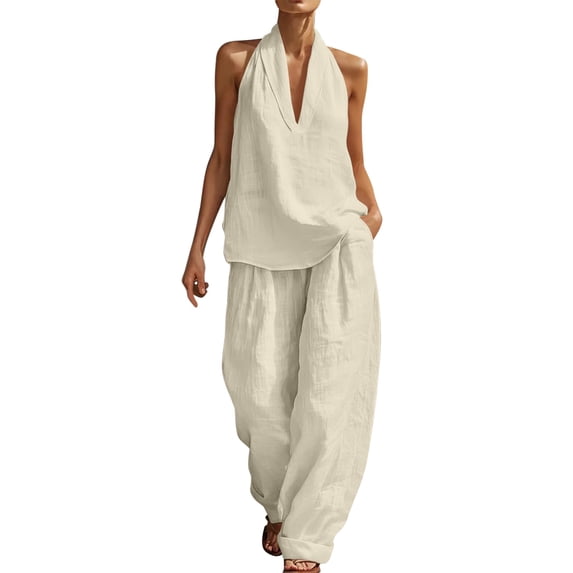2 Piece Linen Outfits for Women Dressy Casual Vacation Halter V Neck Sleeveless Top and Wide Leg Pant Sets (L, Khaki)