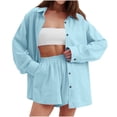 thumbnail image 1 of 2 Piece Linen Outfits for Women Fall Spring Long Sleeve Button Up Shirt and Elastic Waist Shorts Set Travel Clothes (XL, Sky Blue), 1 of 7