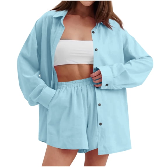 2 Piece Linen Outfits for Women Fall Spring Long Sleeve Button Up Shirt and Elastic Waist Shorts Set Travel Clothes (XL, Sky Blue)