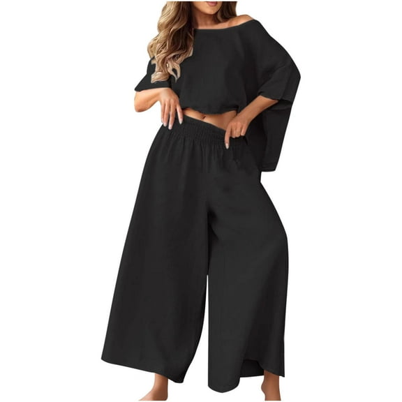 2 Piece Linen Outfits for Women Off Shoulder Long Sleeve Tops Palazzo Pants Sets Fall Vacation Going out Clothes, 3XL