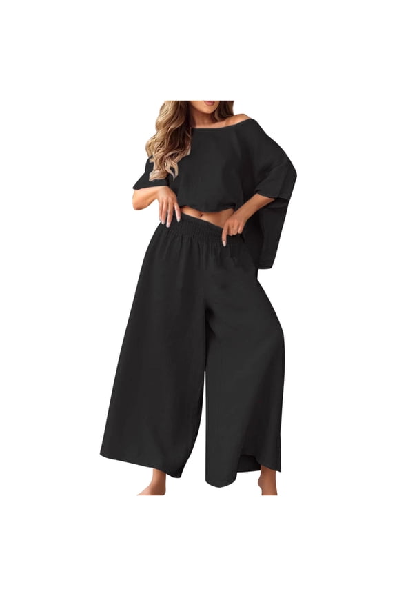 2 Piece Linen Outfits for Women Off Shoulder Long Sleeve Tops Palazzo Pants Sets Fall Vacation Going out Clothes, M