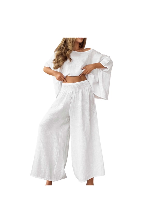 2 Piece Linen Outfits for Women Off Shoulder Long Sleeve Tops Palazzo Pants Sets Fall Vacation Going out Clothes, M