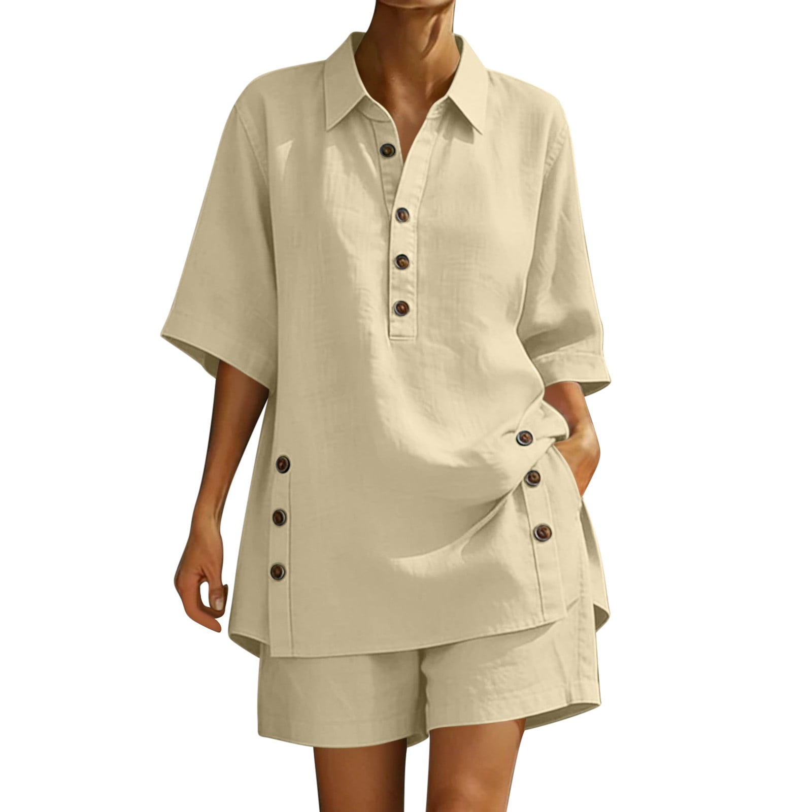 2 Piece Linen Outfits for Women Oversized Fit Short Sleeve Button Lapel ...