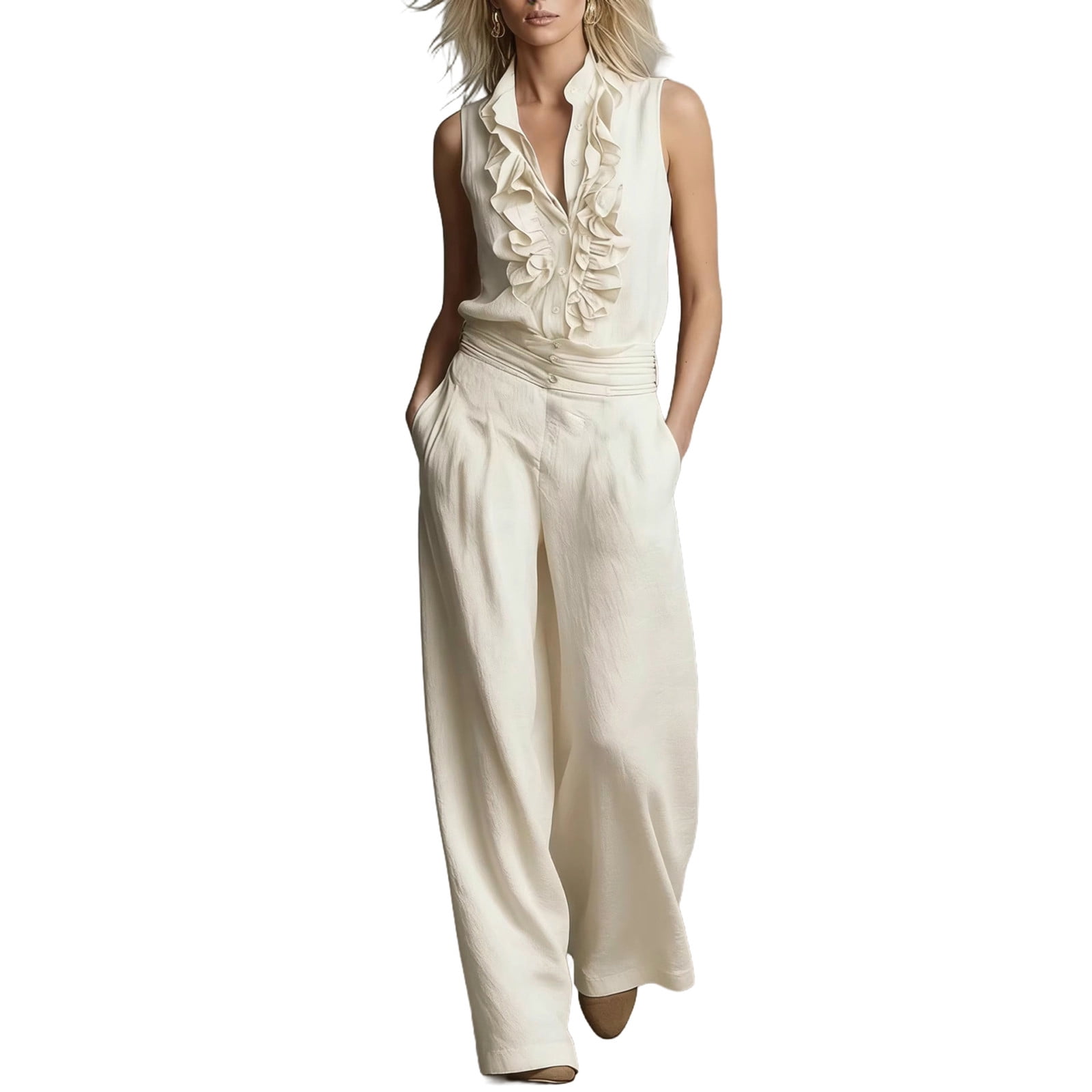 2 Piece Linen Outfits for Women Sleeveless Ruffle V Neck Top & Wide Leg ...
