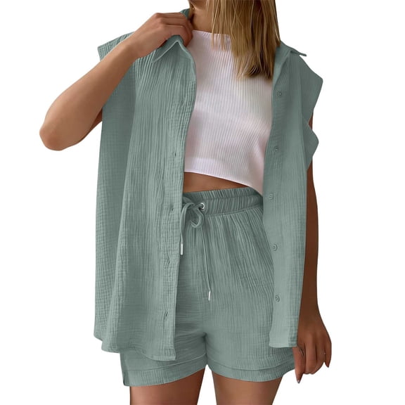2 Piece Linen Outfits for Women Summer Button Down Lapel Tank Top with Shorts Travel Lounge Matching Sets with Pockets