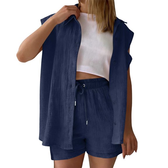 2 Piece Linen Outfits for Women Summer Button Down Lapel Tank Top with Shorts Travel Lounge Matching Sets with Pockets