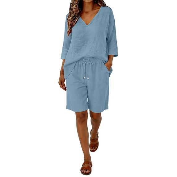 2 Piece Linen Set For Women Cute Womens Summer Clothes Women'S Athletic Clothing Sets Best Two Piece Sets For Women Trouser Pants Suits Wide Leg Pants Lounge Set Solid Color Work Blouses