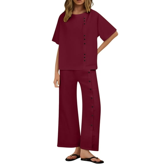 2 Piece Linen Set for Women, Solid Color Short Sleeve Tops and Wide Leg Pants Button Suits Beach Vacation Outfits with Pockets Cute Outfits for Women XL