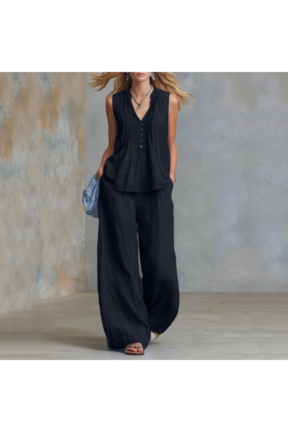 2 Piece Linen Set Womens Sleeveless Pleated V Neck Tops Wide Leg Pants, Summer Casual Beach Vacation Outfits Dark Blue S