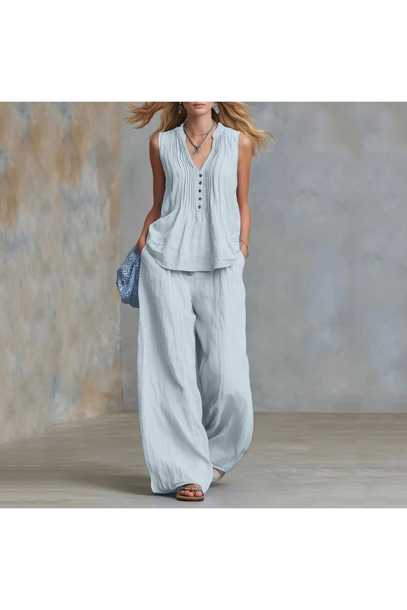 2 Piece Linen Set Womens Sleeveless Pleated V Neck Tops Wide Leg Pants, Summer Casual Beach Vacation Outfits Light Blue M
