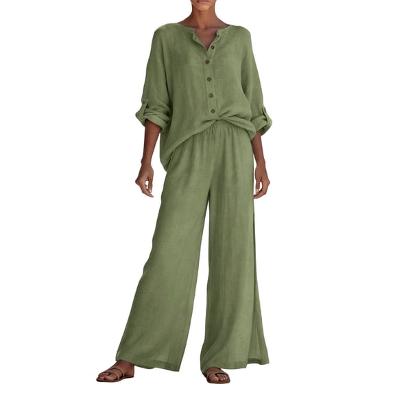 2 Piece Linen Set for Women Button Down Long Sleeve Shirt with Wide Leg ...