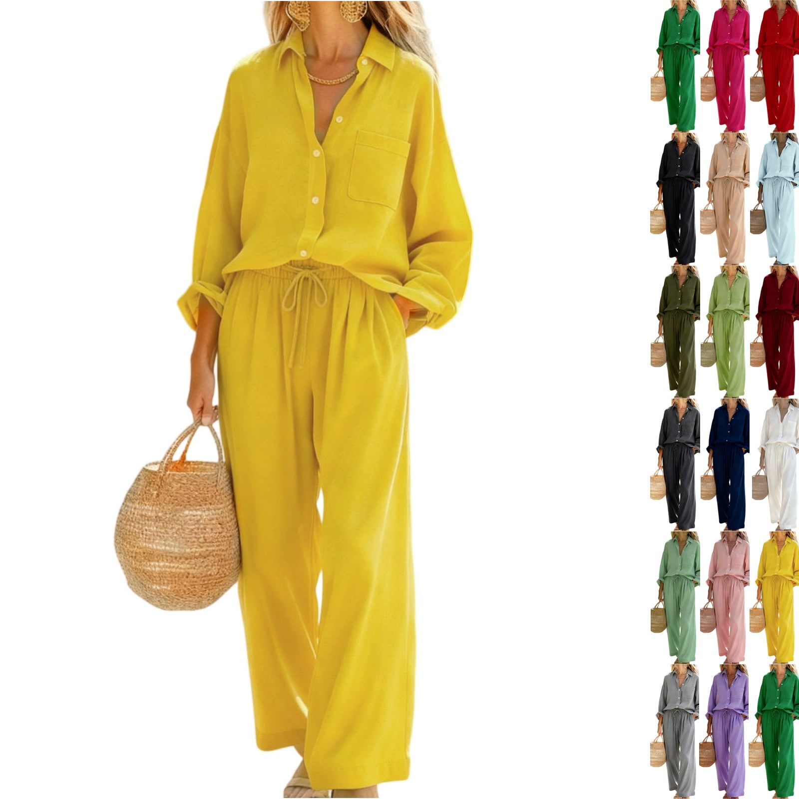 2 Piece Linen Set for Women Long Sleeve Button Down Shirt Top Wide Leg ...