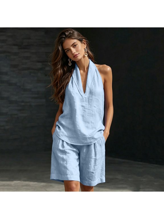 2 Piece Linen Set for Women Summer Outfits Sleeveless Tops Match Wide Leg Short Pants Cotton Linen Casual Two Piece Sets