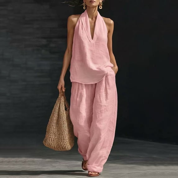 2 Piece Linen Set for Women Trendy Sleeveless V Neck Halter Tops Wide Leg Pants Airport Beach Vacation Clothes