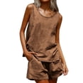 thumbnail image 1 of 2 Piece Linen Set for Women with Pockets Beach Casual Travel Outfits Sleeveless Tank Tops and Shorts (M, Brown), 1 of 6