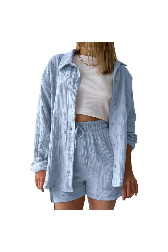2 Piece Loungewear for Women Long Sleeve Button Down Collared Shirt and Drawstring Shorts Set Fall Spring Outfits,Blue 1,L