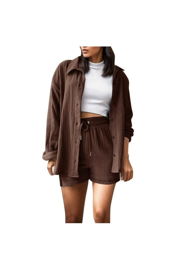 2 Piece Linen Sets for Women Long Sleeve Button Up Collared Shirt and Drawstring Shorts Outfits Fall Spring Loungewear,Coffee,M